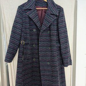 Wool long winter coat in purple, blue, and navy -- medium